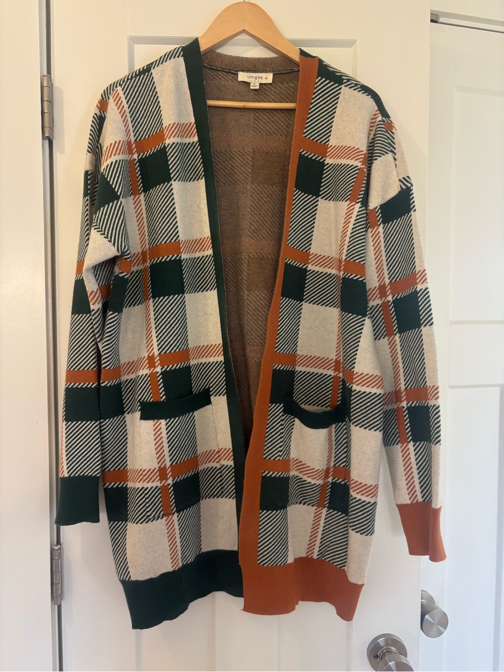 Umgee Plaid Open-Front Cardigan in Green, Cream & Brown
